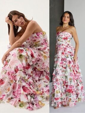 Aje Fleur Pleated Tiered Floral Print Strapless Gown Maxi Dress